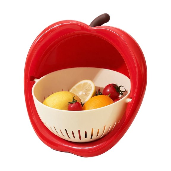 Fruit Basket, Double Layer Kitchen Vegetable Colander Draining Strainer Set Washing Drying Storage Container for Countertop Living Room Tabletop Apple Shape Decor Red