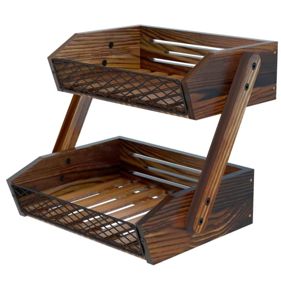Fruit Basket For Kitchen Bowl Counter Organizer Wooden Vegetable Holder Countertop Bread Storage Stand(2 Tier)