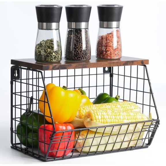 Fruit Basket For Kitchen Counter  Bowl Stackable Wall Mounted Hanging Wire With Wood Lid Banana Hanger Hooks Onion Potato And Vegetable Storage