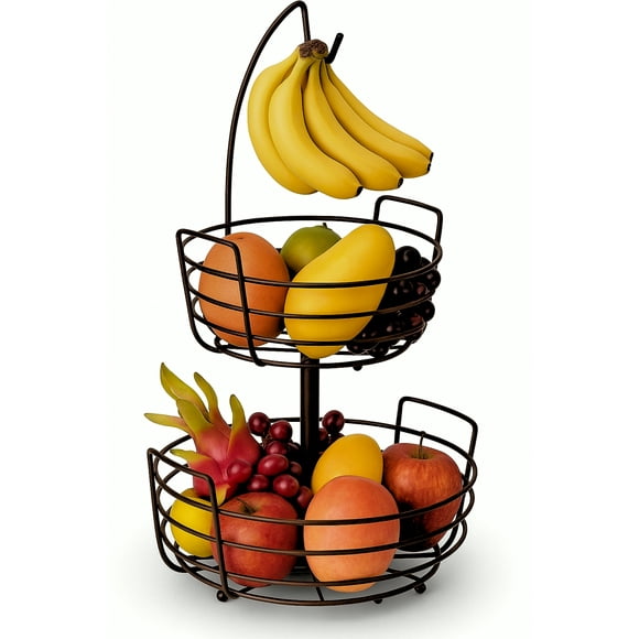 Fruit Basket Fruit Bowl 2 Tier Fruit Rack for Kitchen with Banana Hanger, Fruit Bowl for Kitchen Counter Bread Basket Fruit Holder