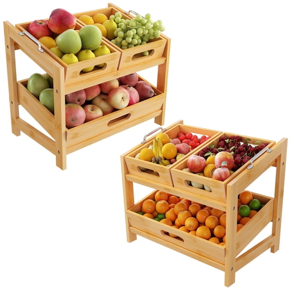 Fruit Basket, Fruit Tray, 2 Tier Bamboo Fruits Basket Stand for Kitchen Countertop Fruit Bowl Suitable for Bread, Vegetables, Produce, Home Storage & Display, Storage Baskets & Bins, Baskets