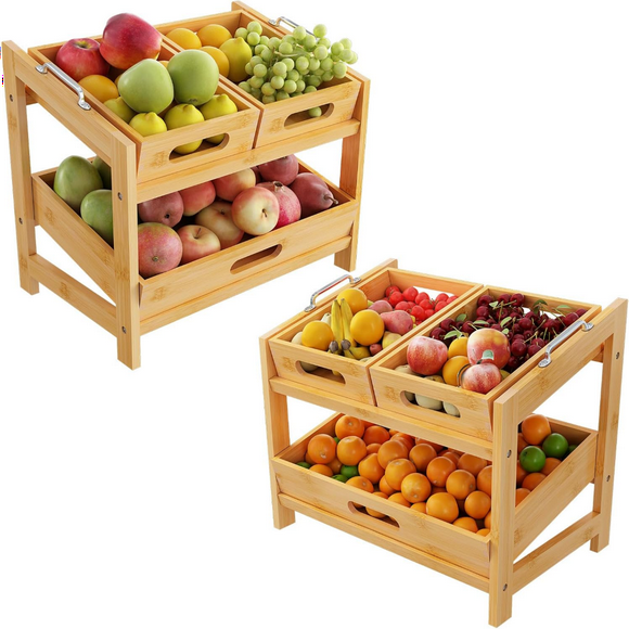 Fruit Basket, Fruit Tray, 2 Tier Bamboo Fruits Basket Stand for Kitchen Countertop – Fruits Holder – Suitable for Bread, Vegetables, Produce, Home Storage and Display