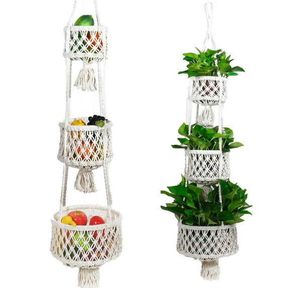 Fruit Basket Hanging 3 Storey Fruit Hanging Basket Hanging Basket For Fruit And Vegetable Storage Boho Kitchen Storage Basket Macarame Hanging Decoration Indoor Plant Hanger