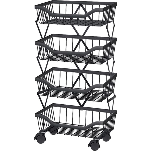 Fruit Basket for Kitchen 4 Tier Stackable Fruit Vegetable Storage Baskets with Wheels Metal Wire Storage Basket Organizer Cart for Kitchen Livingroom Diningroom Office, Black