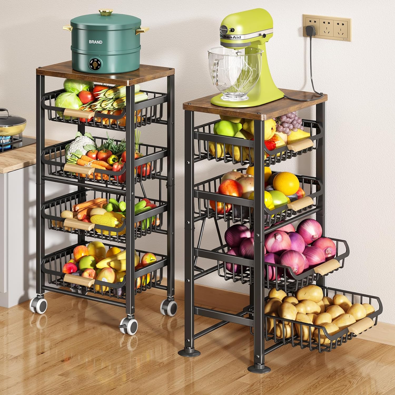 Fruit Basket for Kitchen, 5 Tier Large Pull-Out Wire Basket with Wood Top and Wheels, Kitchen Storage Cart for Fruit Vegetable Onions Potatoes Banana, Black