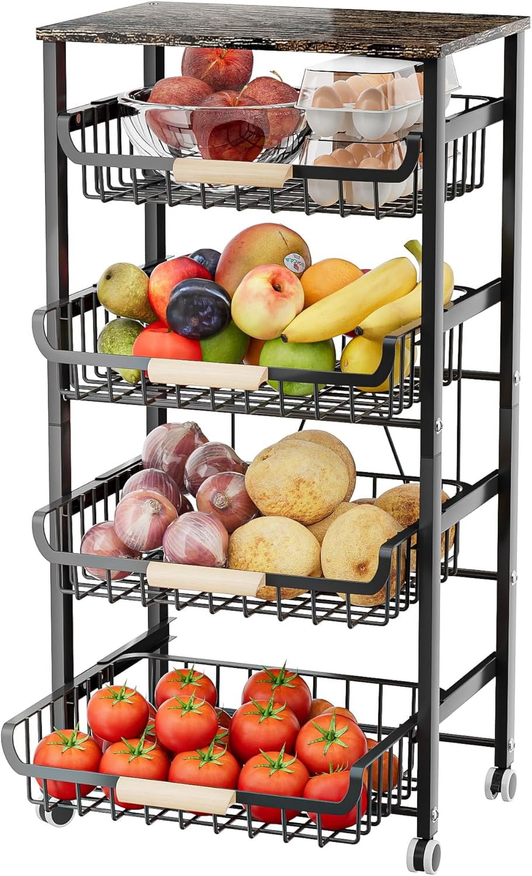 Fruit Basket for Kitchen, 5-Tier Slide Out Storage Baskets Carts Organizers Drawers with Wood Top Table with Rolling Wheels for Snacks Vegetables Vianderos Para Cocina Modernos (Black, 5 Layer)