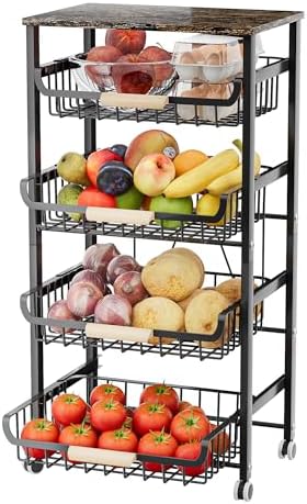 Fruit Basket for Kitchen, 5-Tier Slide Out Storage Baskets Carts Organizers Drawers with Wood Top Table with Rolling Wheels for Snacks Vegetables Vianderos para Cocina Modernos (Black, 5 Layer)