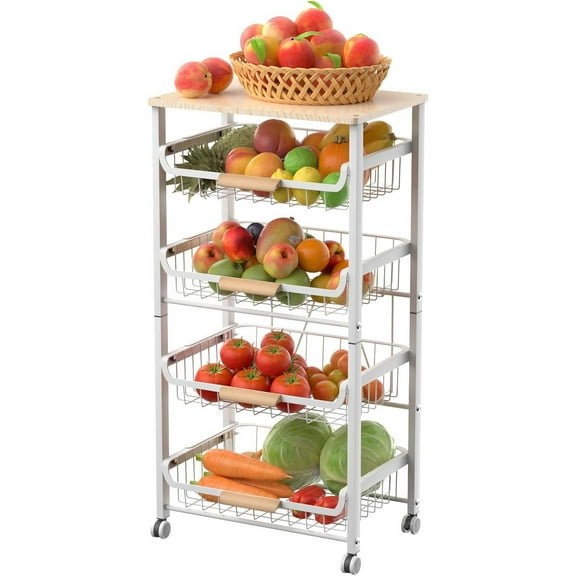 Fruit Basket for Kitchen, 5-Tier Slide Out Storage Baskets Carts Organizers Drawers with Wood Top Table with Rolling Wheels for Snacks Vegetables Vianderos para Cocina Modernos (White, 5 Layer)