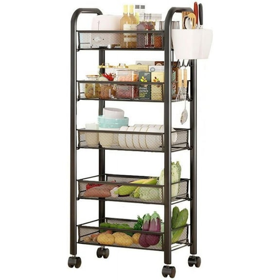 Fruit Basket for Kitchen, 5 Tier Stackable Wire Baskets with Wheels, Kitchen Organizers and Storage, Kitchen Storage Cart for Fruit Vegetable Onions Potatoes Banana Snacks (Black)