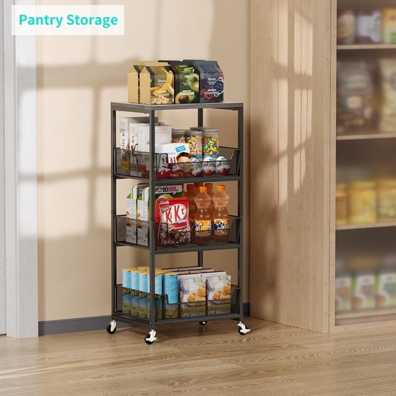 Fruit Basket Kitchen Cart - 4-Tier Rolling Storage Cart with Wheels, Fruit Vegetable Basket with Wood Top, Pantry Utility Kitchen Organizer for Fruit Potato Onion Vegetable Bread Snack