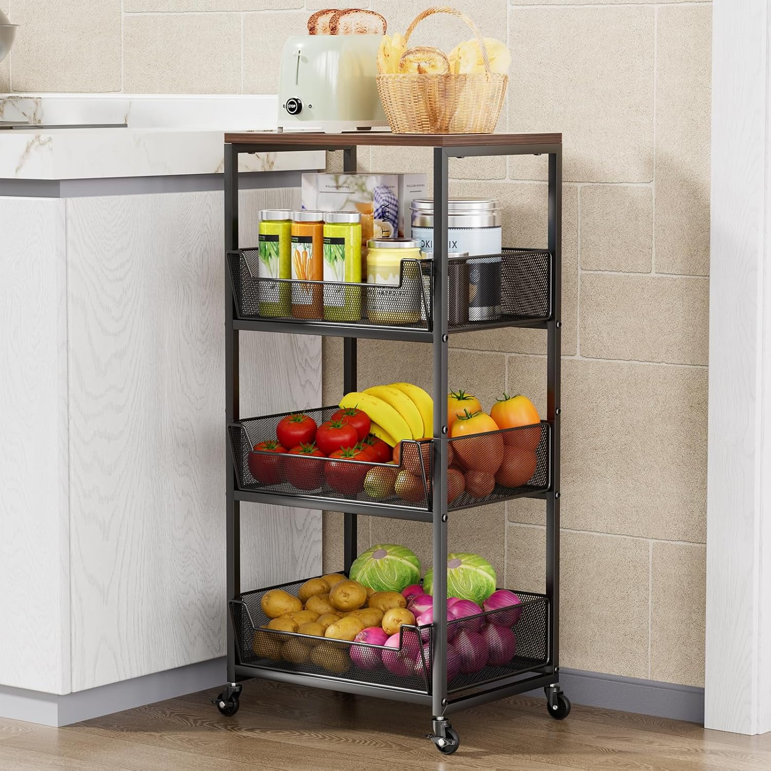 4 TIER VEGETABLE FRUIT STORAGE BASKET RACK KITCHEN UTILITY STACKING