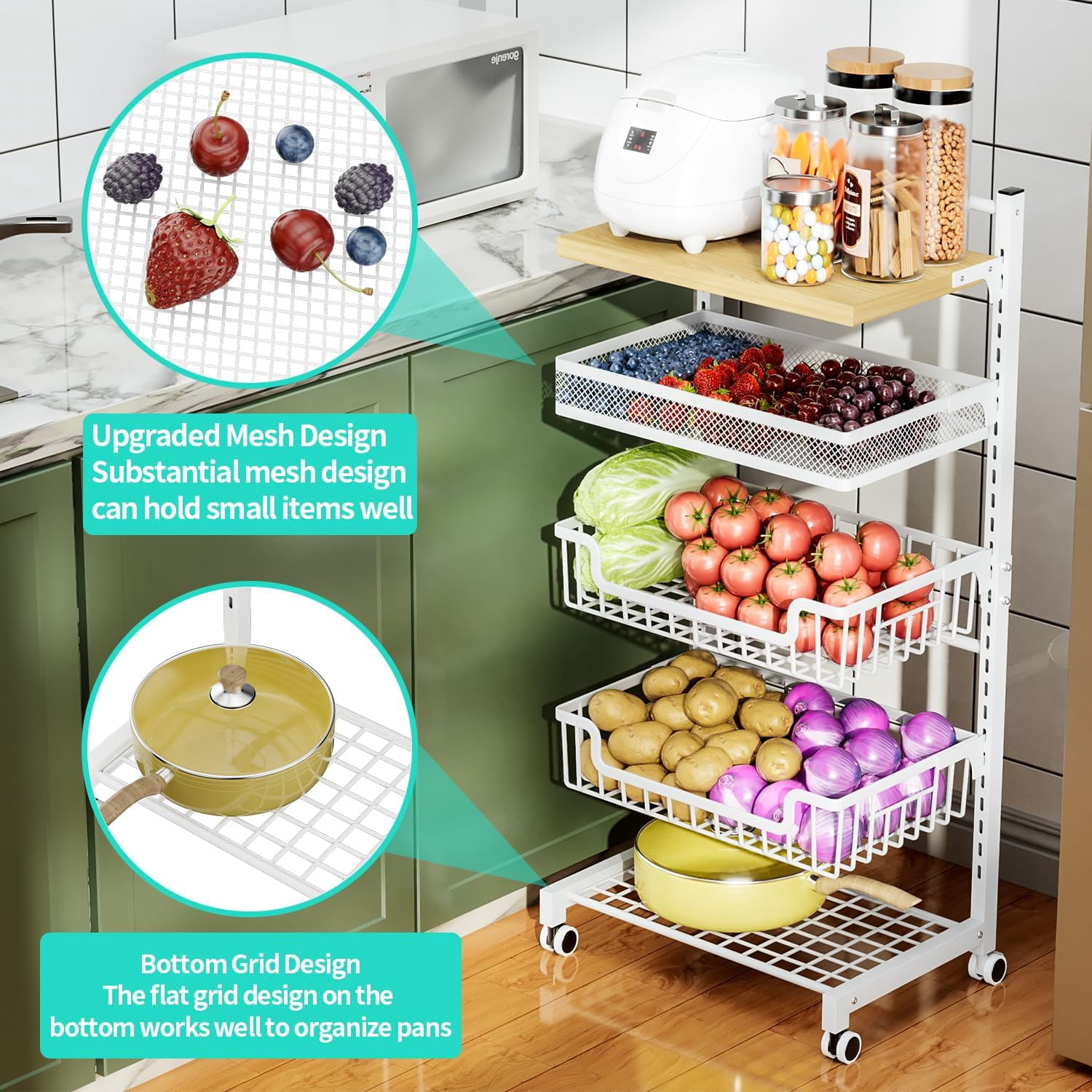 Fruit Basket Kitchen Cart - 5 Tier Adjustable Vegetable Storage Rack ...