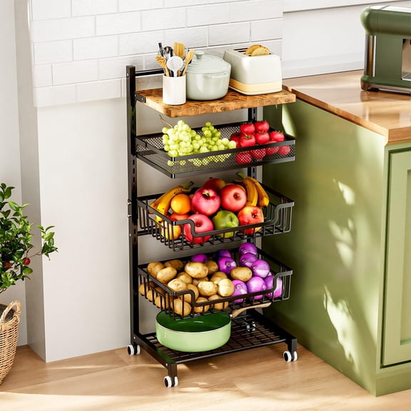 Fruit Basket Kitchen Cart - Adjustable Tier Vegetable Storage Rack, Large Capacity Rolling Cart on Wheels for Snack Onion and Potato Storage