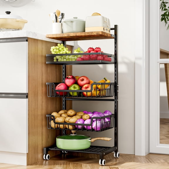 Fruit Basket Kitchen Cart - Floor 5 Tier Adjustable Fruit and Vegetable Storage Rack, Large Capacity Rolling Kitchen Carts on Wheels for Pantry Snack Potato and Onion Storage