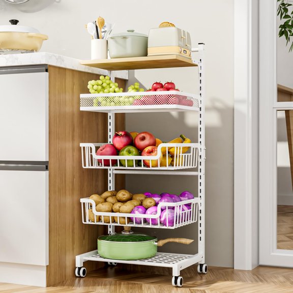 Fruit Basket Kitchen Cart - Floor 5 Tier Adjustable Fruit and Vegetable Storage Rack, Large Capacity Rolling Kitchen Carts on Wheels for Pantry Snack Potato and Onion Storage