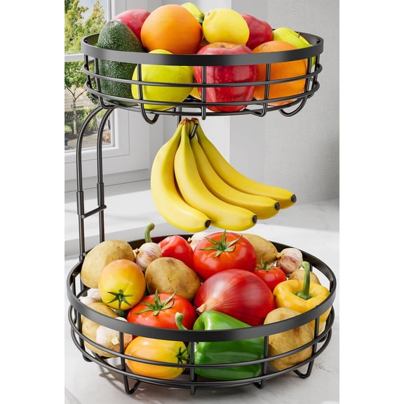 Fruit Basket for Kitchen Counter - 2-Tier Large Capacity Fruit Bowl with Detachable Banana Hanger, Rust-Proof Metal Fruit Holder for Vegetables, Bread, Toiletry,10" D x 10" W x 14" H, Black