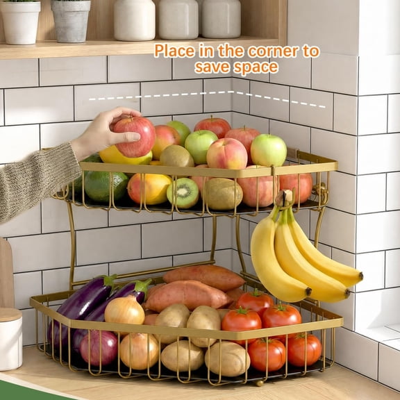 Fruit Basket for Kitchen Counter - Detachable Metal Fruit Bowl with Banana Hangers for Corner , Large Capacity Fruit Stand with Wooden Handle for Bread Fruit and Vegetable Storage