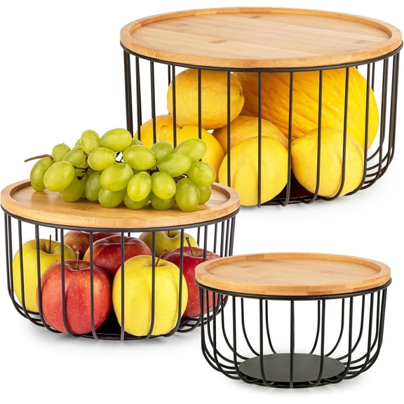 Fruit Basket for Kitchen Counter Set of 3 - Large Stackable Baskets with Bamboo Lid - Perfect Holder For Fruit and Vegetable Storage - Keep Your Countertop Classy, Tidy and Slightly Fruity!
