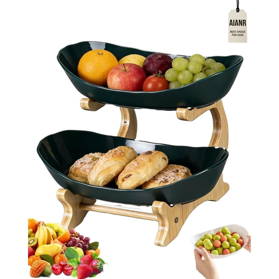 Fruit Basket for Kitchen Counter White Fruit Holder and Countertop Organizer with Bamboo Stand Space Saving Tiered Basket for Fruit Vegetables Bread and Snacks