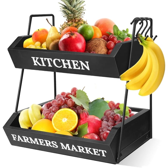 Fruit Basket for Kitchen Countertop, 2 Tier Fruit Bowl with 3 Banana Hangers, Large Capacity Fruit Stand Storage Holder, Wooden Basket for Fruit Vegetables Snack, Kitchen Organizer Decor