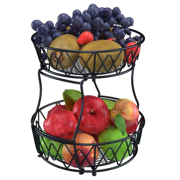 Fruit Basket for Kitchen & Countertop, 2 Tier Metal Rectangular Fruit Storage Basket Holder for Detachable Vegetable Storage Fruit Stand for Counter Dining Room Countertop, Black
