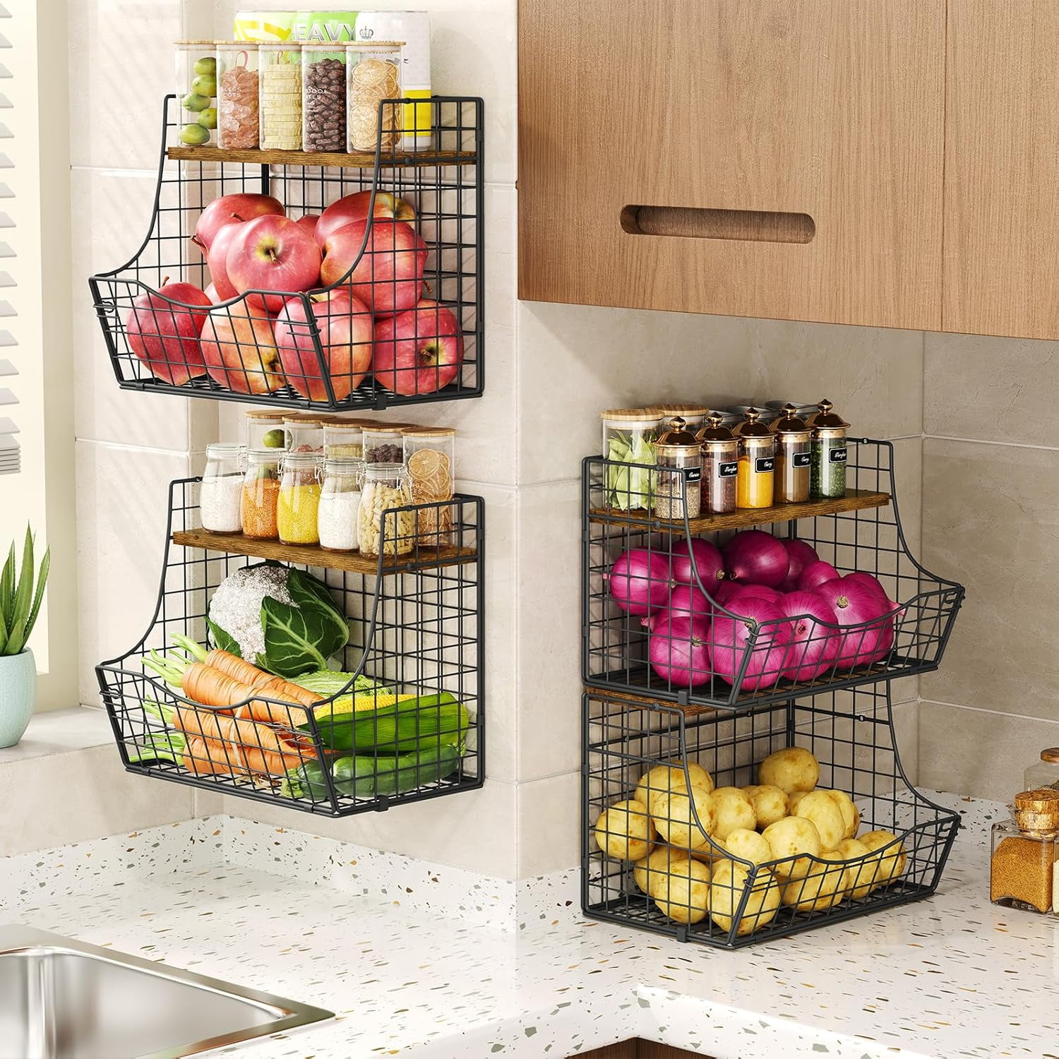 Fruit Basket for Kitchen with Lid, Counter&Wall Mounted Hanging Fruit Basket, Potato and Onion Storage, Metal Wire Fruit and Vegetable Storage, Snack Organizer 4 Pack(small and large)