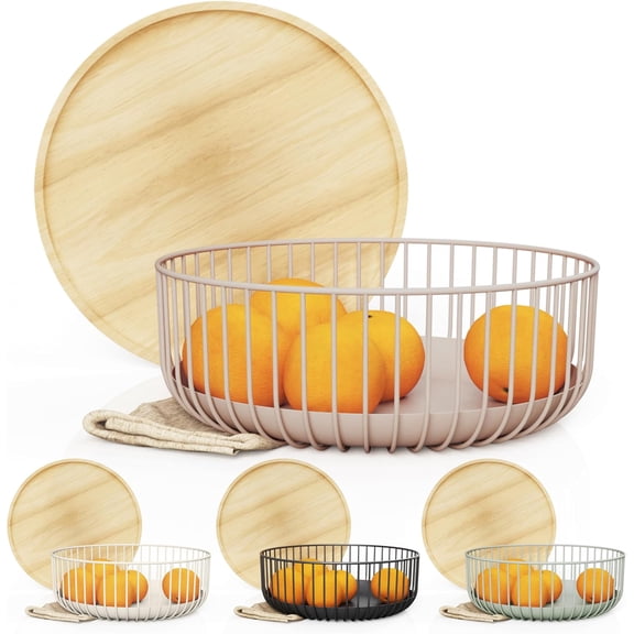Fruit Basket for Kitchen - Multi-Purpose Stackable Basket with Wooden Lid - Powder Coated Metal and Rubber Wood - Wire Baskets for Organizing - Minimal Design - 11.4''x11.4''x4.5'' - Peach