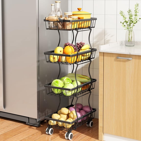 Fruit Basket Kitchen Pantry Organizers And Storage - 4 Tier Stackable Metal Wire Stand For Vegetable Snacks Jars Bins Containers Organization(black 4 Tiers)