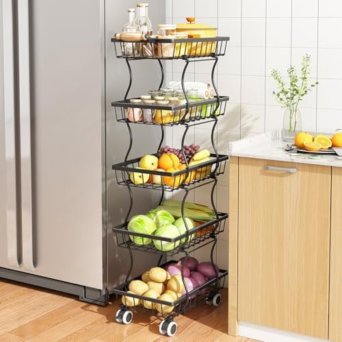 Fruit Basket Kitchen Pantry Organizers and Storage - 5 Tier Stackable Metal Wire Basket Stand for Fruit Vegetable Snacks Jars Bins Containers Organization, Black