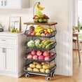 thumbnail image 1 of Fruit Basket Kitchen Pantry Organizers and Storage - Wooden Top Table, Stackable Metal Wire Basket Stand Cart for Fruit Vegetable Snacks Onion Potato Organization, Black, 1 of 8