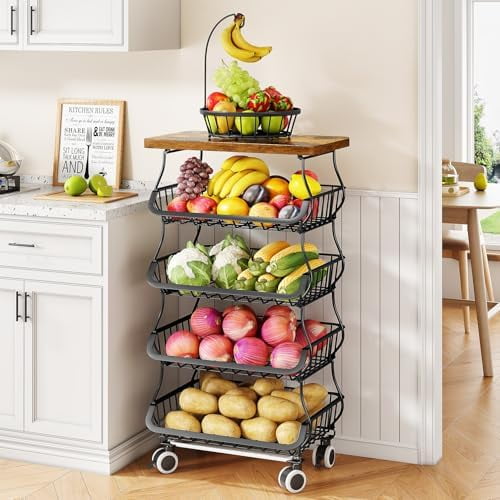 Fruit Basket Kitchen Pantry Organizers and Storage - Wooden Top Table, Stackable Metal Wire Basket Stand Cart for Fruit Vegetable Snacks Onion Potato Organization, Black
