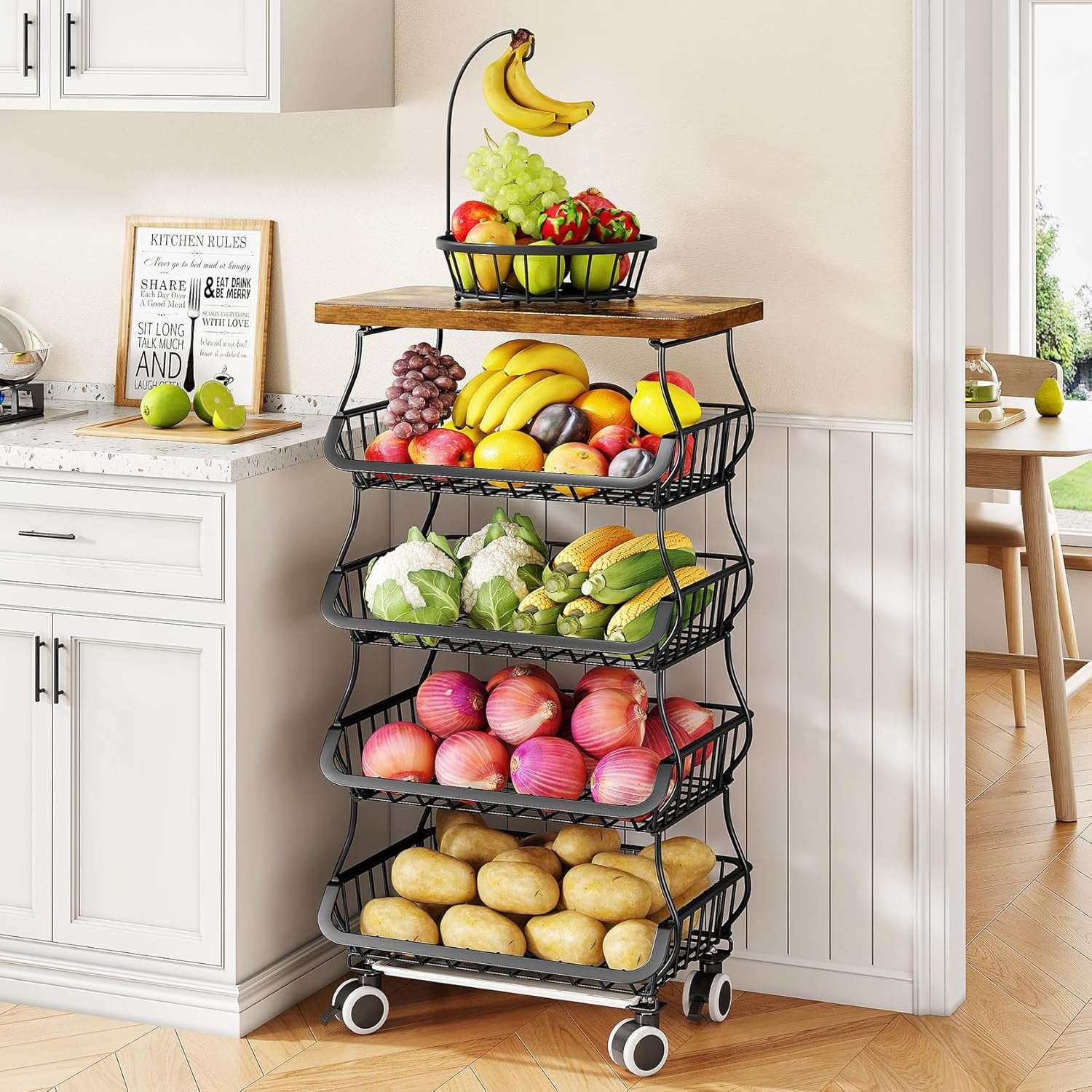 Fruit Basket Kitchen Pantry Organizers and Storage - Wooden Top Table, Stackable Metal Wire Basket Stand Cart for Fruit Vegetable Snacks Onion Potato Organization (Black, 4 Tiers)