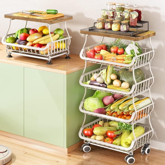 Fruit Basket for Kitchen with Wood Top, Stackable Fruit and Vegetable Storage Cart, Wire Storage Basket with Wheels, Vegetable Basket Bins Rack for Onions and Potatoes, White