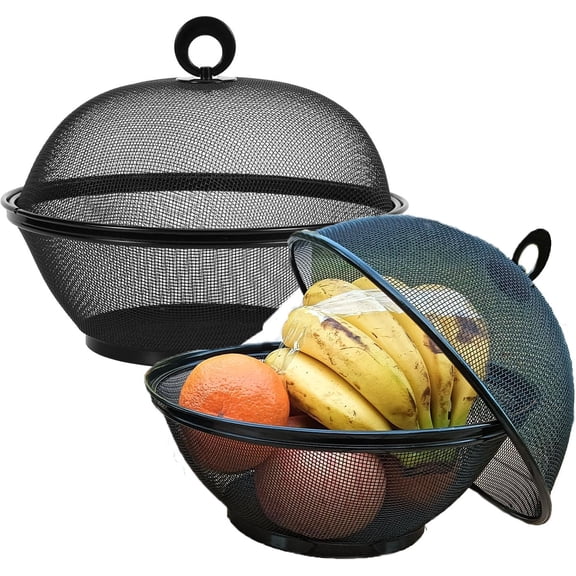 Fruit Basket With Lid - Decorative Fruit Bowl Metal Wire Basket Covered Fruit Bowl Strainer For Fruits Vegetables Fruit Display Stand Keeps Flies Out 10.7 (2 Fruit Baskets@ Lids) (black)