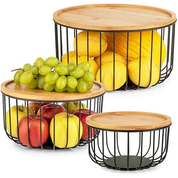 Fruit Basket Set of 3 for Kitchen Counter: Large Stackable Baskets with Bamboo Lid, Fruit/Veggie Holder, Keeps Counter Classy & Tidy (Home Decor, Kitchen, Etc.)