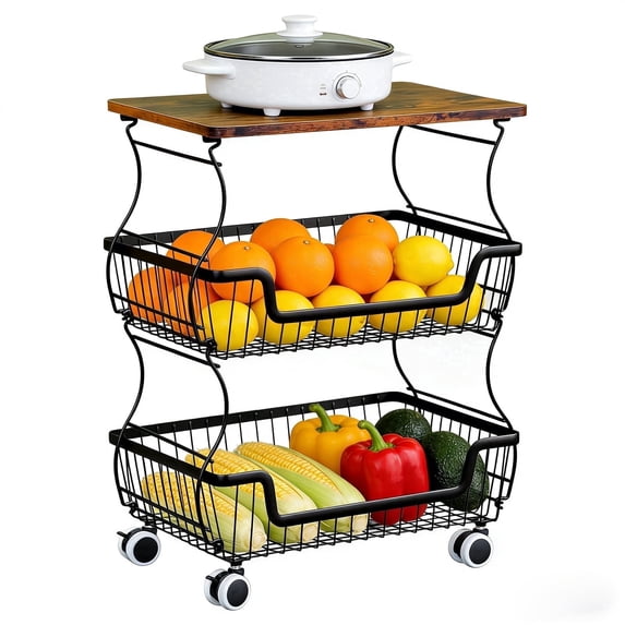 Fruit Basket Vegetable Storage Cart with Wooden Lid for Kitchen, 3-Tier Stackable Wire Fruit Organizer Stand on Wheel, Storage Stand for Vegetables, Snacks, Berverage