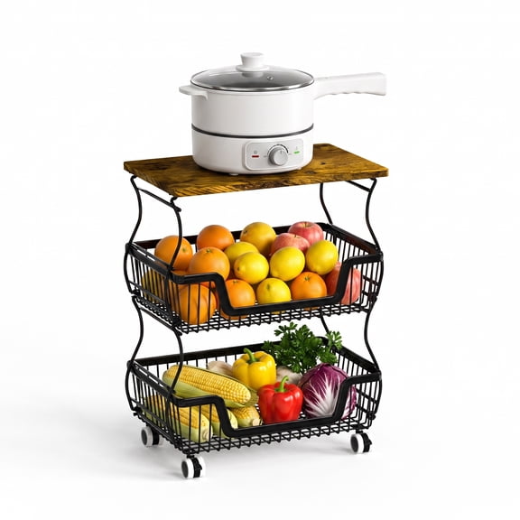 Fruit Basket Vegetable Storage Cart with Wooden Lid for Kitchen, 3-Tier Stackable Wire Fruit Organizer Stand on Wheel, Storage Stand for Vegetables, Snacks, Berverage