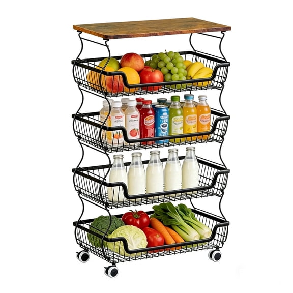 Fruit Basket Vegetable Storage Cart with Wooden Lid for Kitchen, 5-Tier Stackable Wire Fruit Organizer Stand on Wheel, Storage Stand for Vegetables, Snacks, Berverage