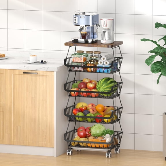 Fruit Basket with Wooden Lid for Kitchen, 4-Tier Stackable Wire Fruit Vegetable Storage Basket Organizer Stand on Wheel, Produce Basket Potato Onion Storage Bins Rack Cart for Pantry