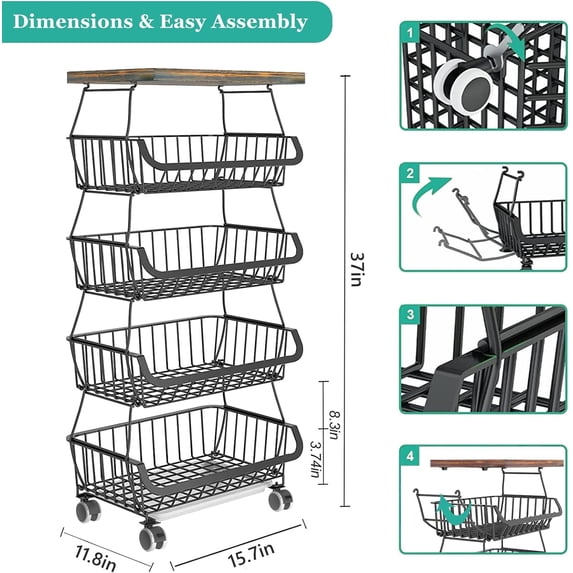 5-Tier Rolling Fruit Basket with Wooden Lid, Stackable Wire Vegetable Storage Cart on Wheels for Kitchen Pantry