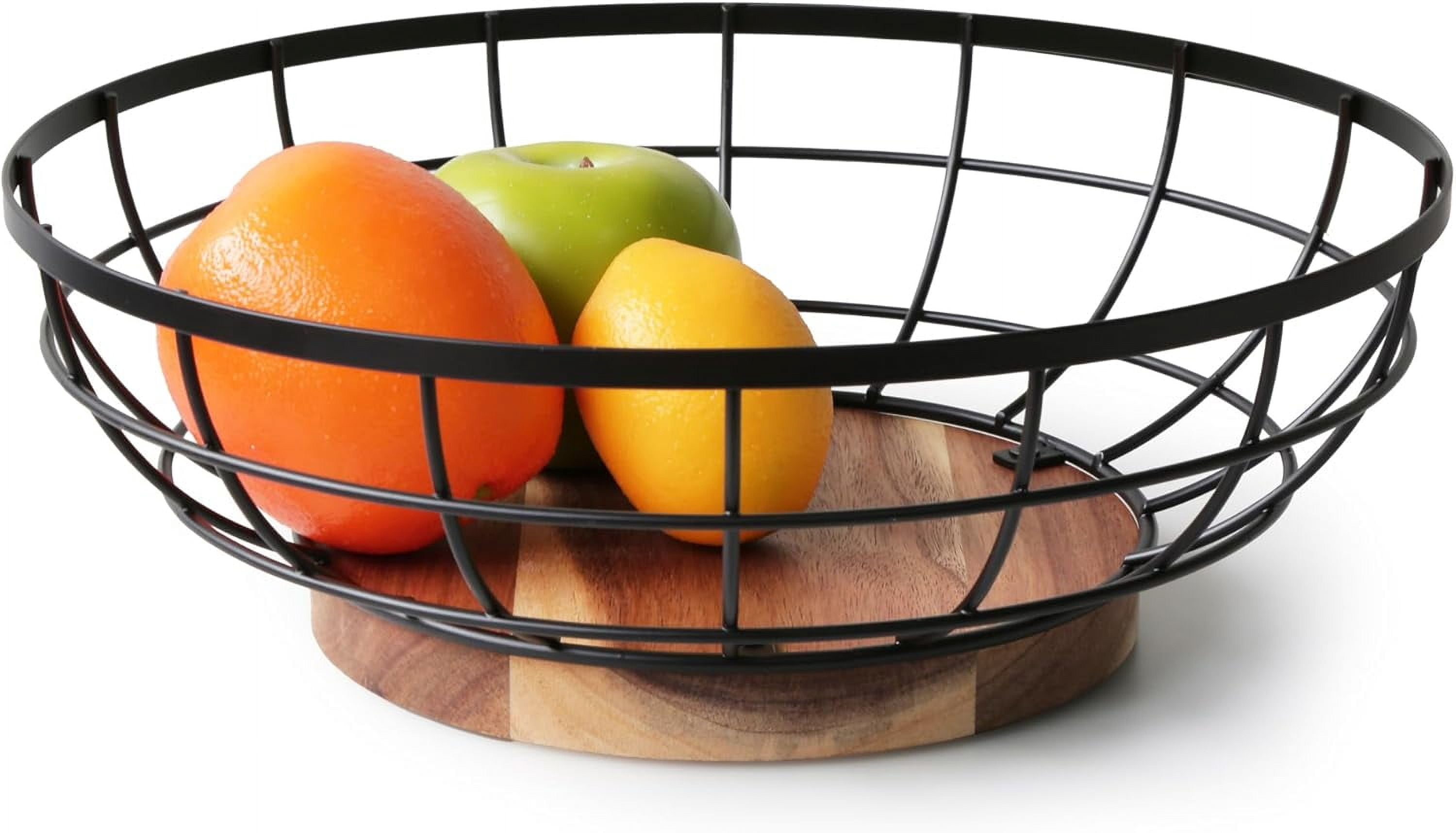 Fruit Basket,black Wire Basket with Acacia Wood Base,large Fruit Bowl for Countertop,black Baskets for Fruits, Breads, Vegetables Storage. (12-inch)