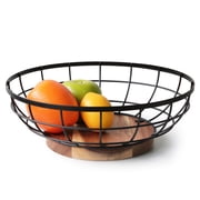 Fruit Basket,black Wire Basket with Acacia Wood Base,large Fruit Bowl for Countertop,black Baskets for Fruits, Breads, Vegetables Storage. (12-inch)