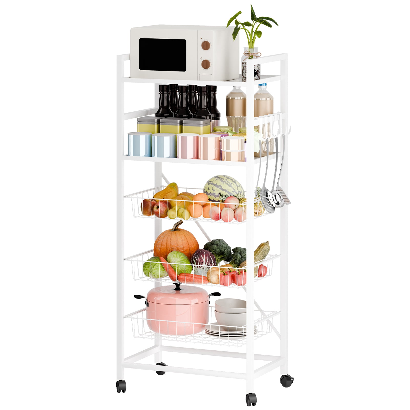 Fruit Basket for Kitchen, 5 Tier Large Wire Basket with Wood Top and Wheels, Kitchen Storage Cart for Fruit Vegetable Onions Potatoes Banana, White