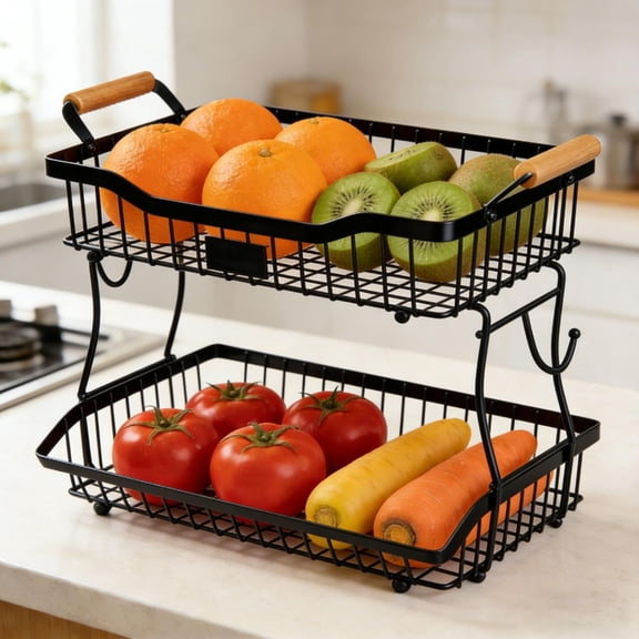 Fruit Basket for Kitchen Counter, 2 Tier Fruit Vegetable Basket with 2 Banana Hangers, Detachable Metal Bread Basket for Vegetables Snacks Fruits