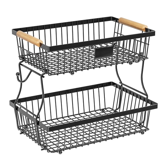 Kitchen Fruit Storage Rack Double-layer Detachable, Wooden Handle Portable Vegetable And Corbis For Living Room