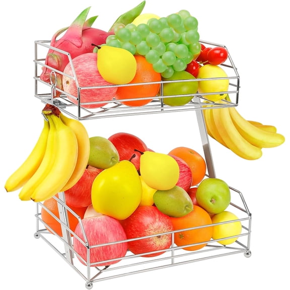 Fruit Basket for Kitchen, Metal Fruit Storage Bin with 2 Banana Hangers, Countertop Wire Basket Organizer for Vegetable Snack  Onion (Chrome)
