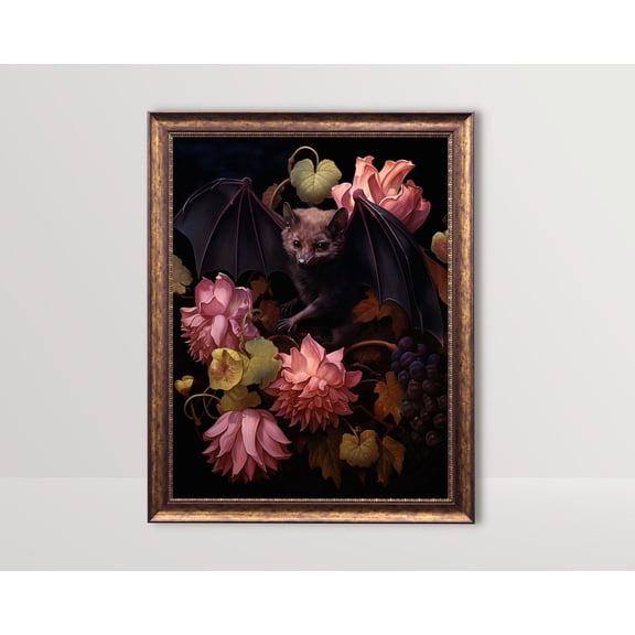 Fruit Bat, Dark Cottagecore Goth Poster, Floral Vintage, Gothic Room Decor, Botanical Witchy Wall Art, Dark Academia, Unframed Canvas Size 16x24