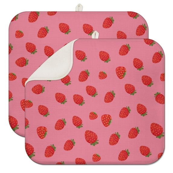 Fruit and Berry Coffee Mat – Ultra Absorbent Microfiber Spill Mat Featuring Watercolor Strawberry and I Love Strawberries Designs, Fast Drying Dish Drying Pad for Coffee Bars