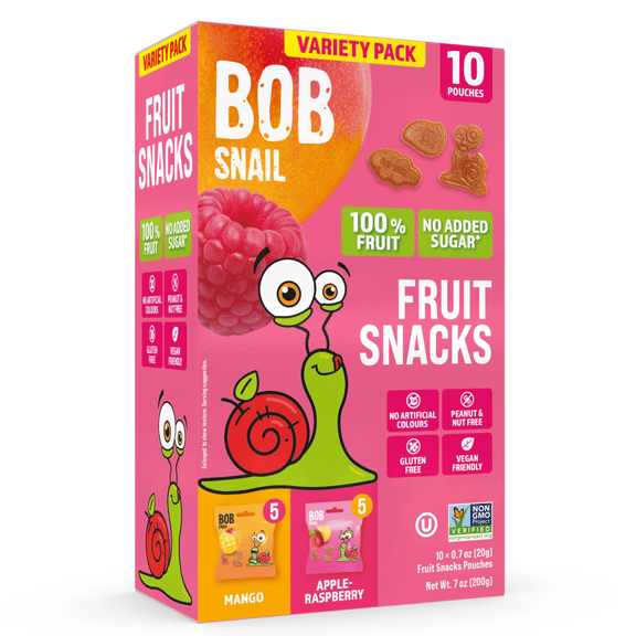 Bob Snail Gluten-Free Fruit Snacks Variety pack Raspberry-Mango, 7 oz, 10 Pouches