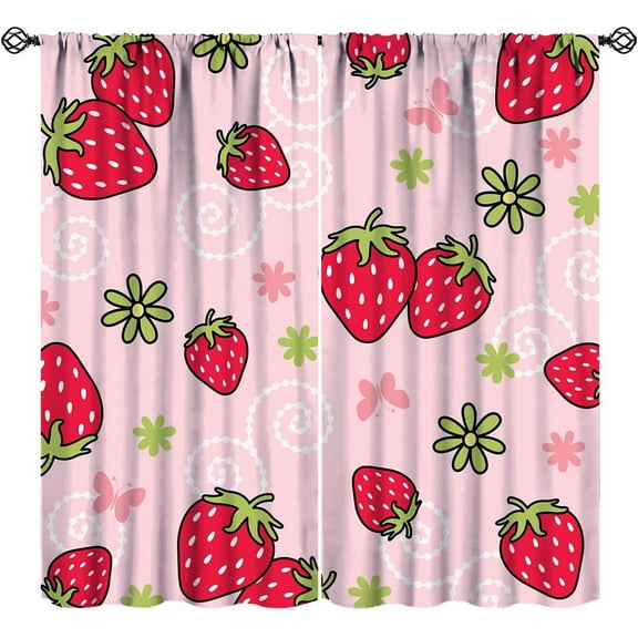 Fruit Blackout Curtains,Cute Cartoon Pink Strawberry Pattern Drapes Window 2 Panel Rod Pocket Curtain for Bedroom Living Room Decor 42" W X 84" L